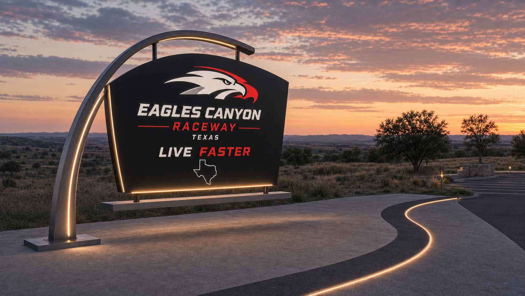 Eagles Canyon Raceway entrance arch · Live Faster · 7629 N FM-51 Decatur TX